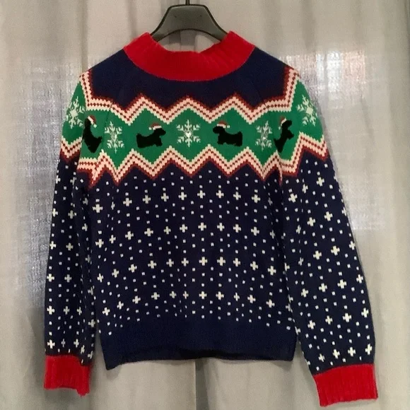 Festive Holiday Blue Sweater with Red and Green Accents - Picture 1 of 5